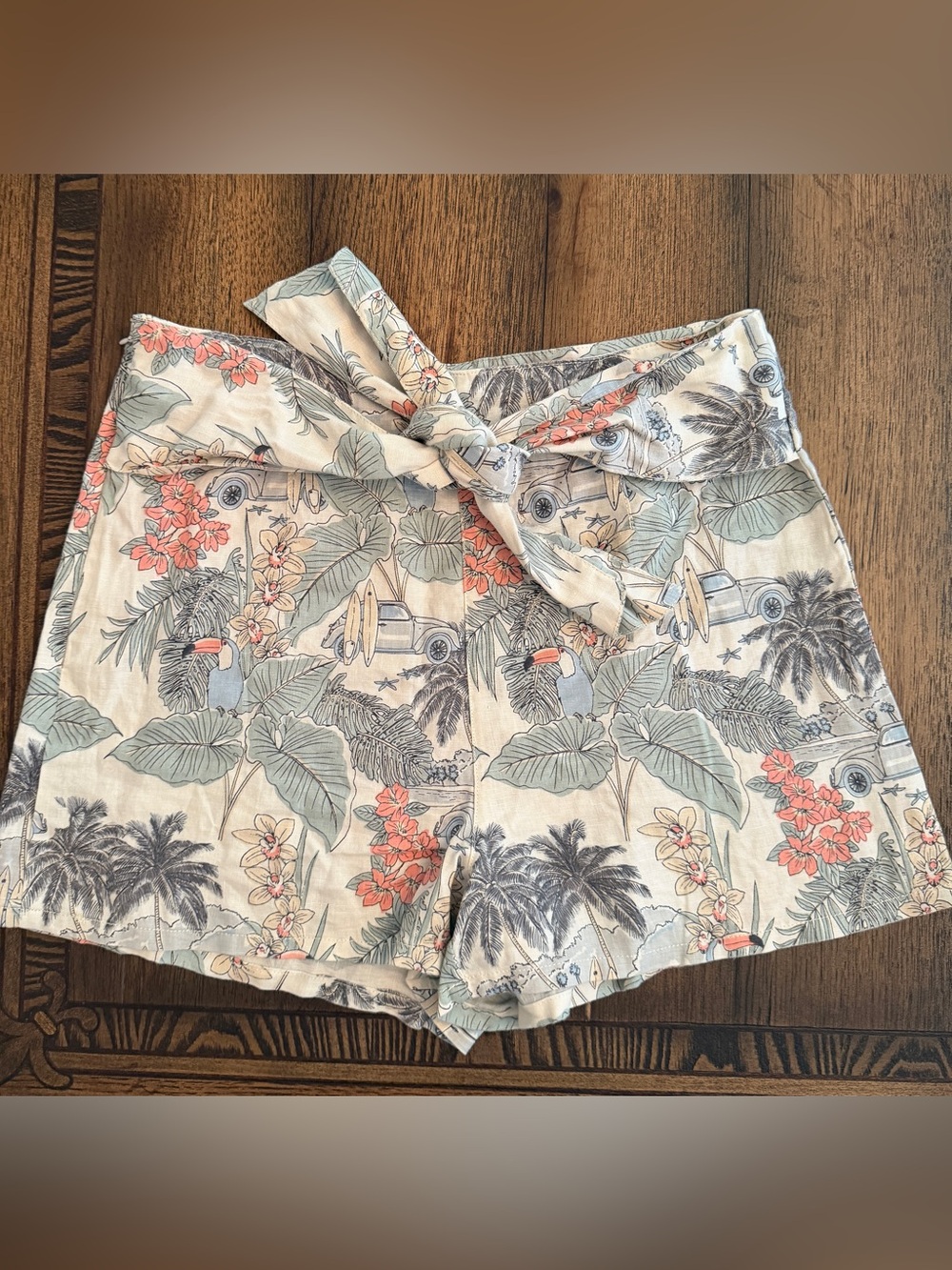 C&C California Women’s 10 Toucan Palm Linen Shorts high-waisted paperbag-style